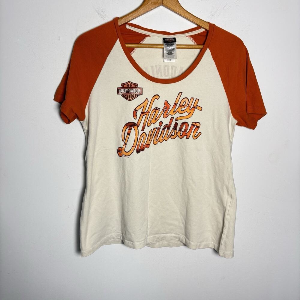 Harley Davidson Orange Off White Short Sleeved Baseball Shirt Women's L